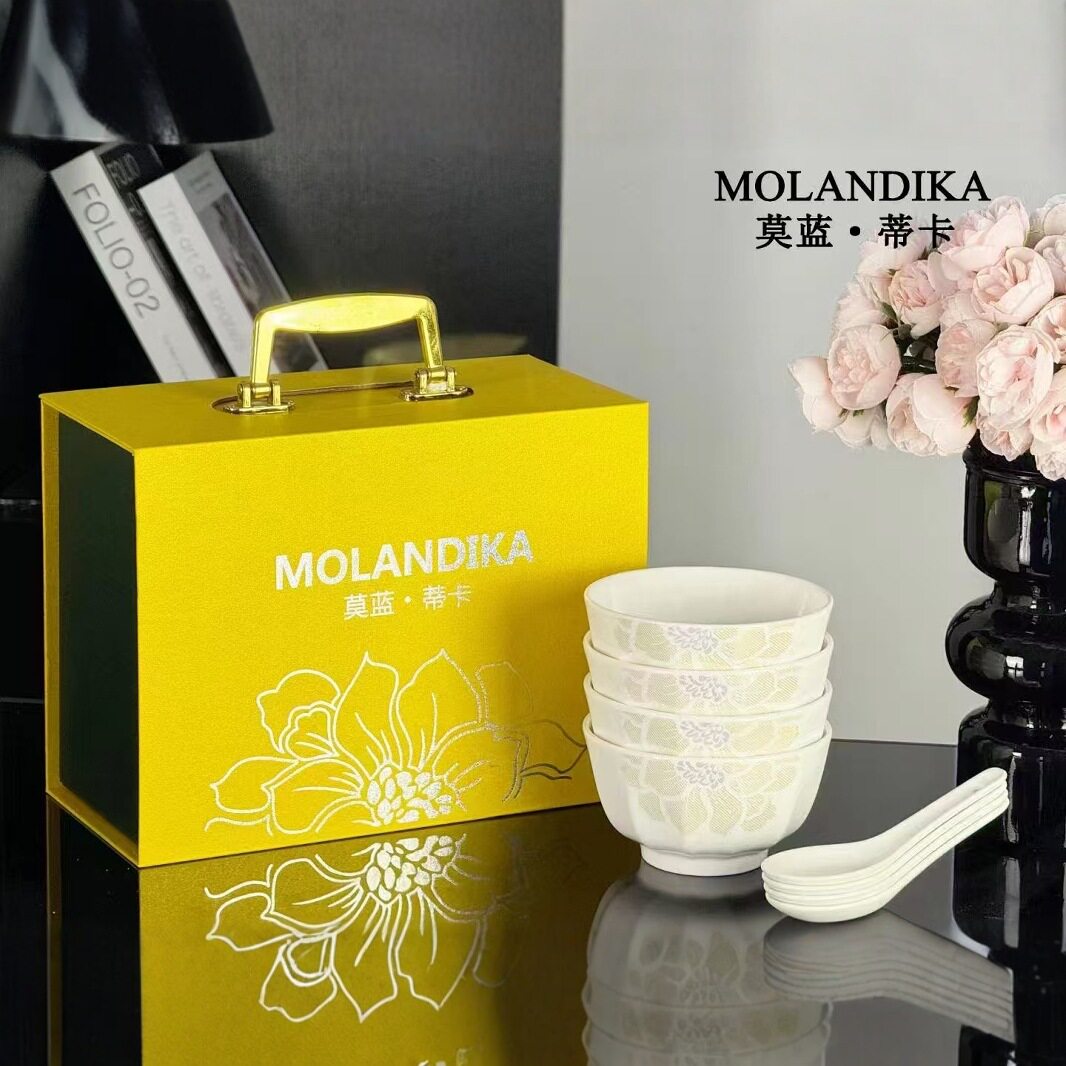 Modantic Ceramic Tableware Four Bowls Four Spoons Gift Set New Bone China Tableware Bowl and Chopsticks Set Box Mu Xiaoxun Bowl and Spoon