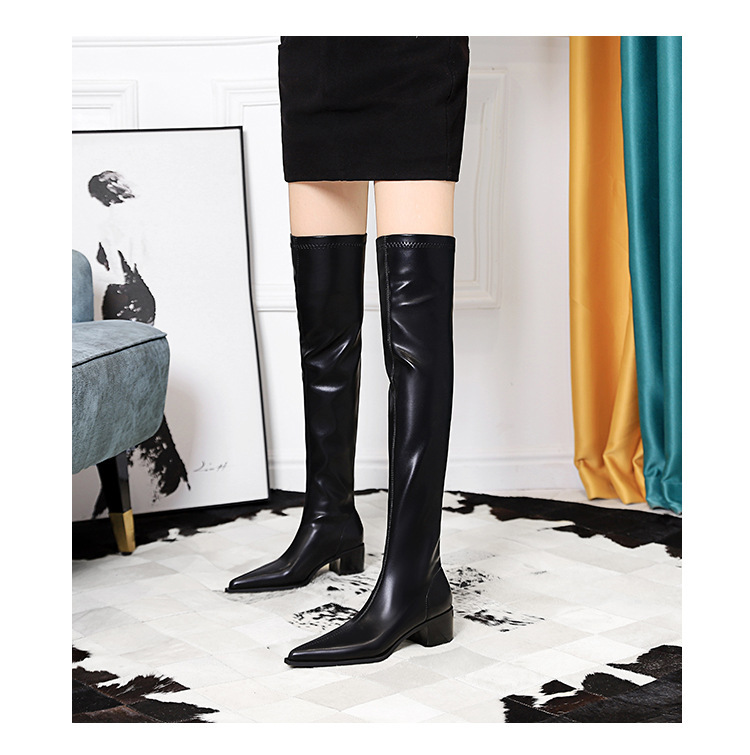 Boot nữ cổ cao quá gối gót vuông mũi nhọn phong cách thanh lịch — Màu cà phê, Màu đen, Màu Kaki