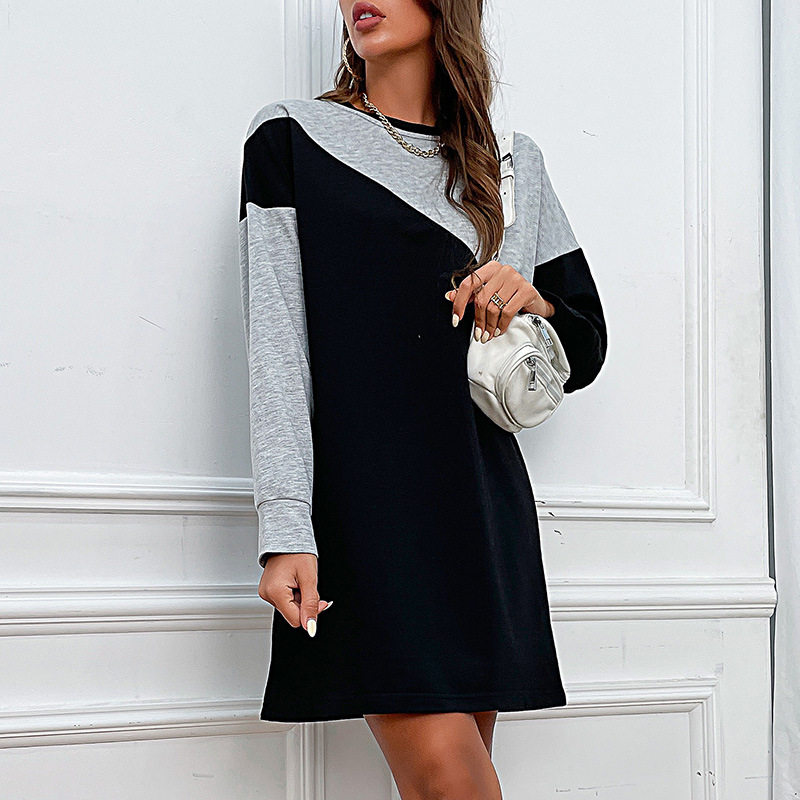 Color Block Long Sleeve Sweatshirt Dress Loose Fit Autumn Style Casual Wear Wholesale Available