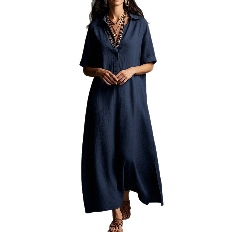 Womens Short Sleeve Polo Neck Long Dress Solid Color Casual Style Beach Vacation Wholesale Available