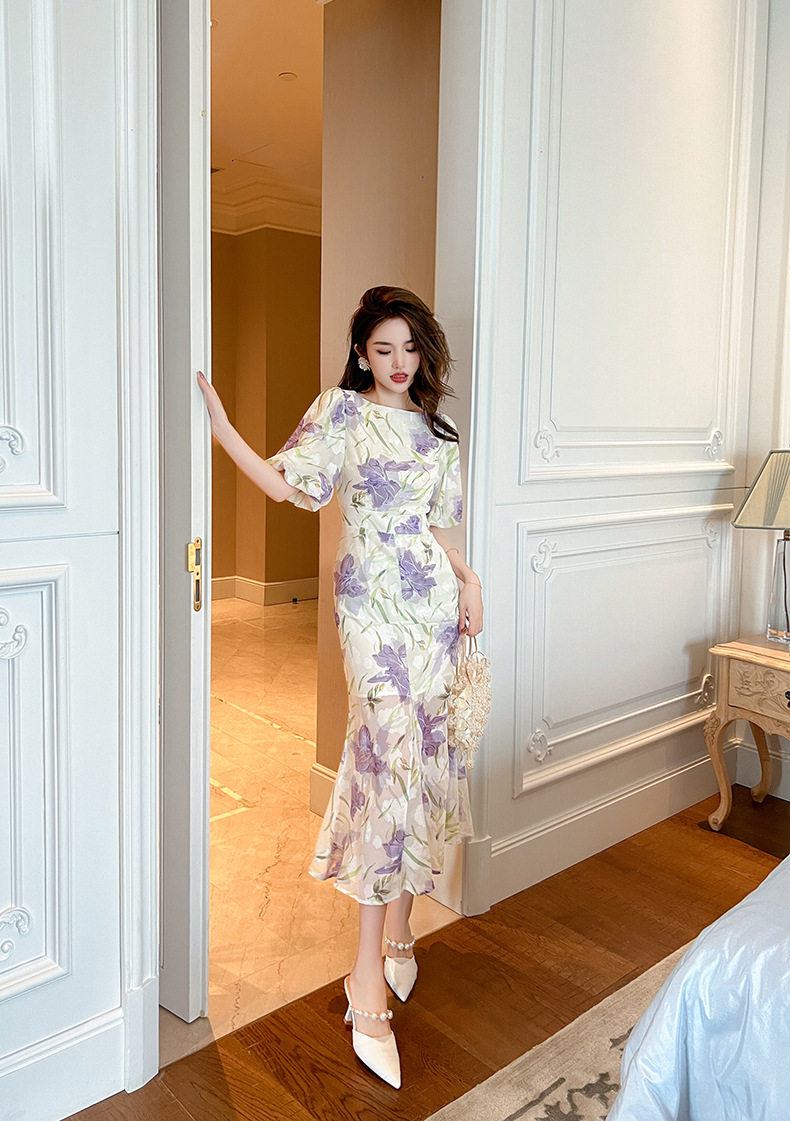Đầm ôm body nữ cổ tròn tay bồng đuôi cá — [Tím] chi tiết 9