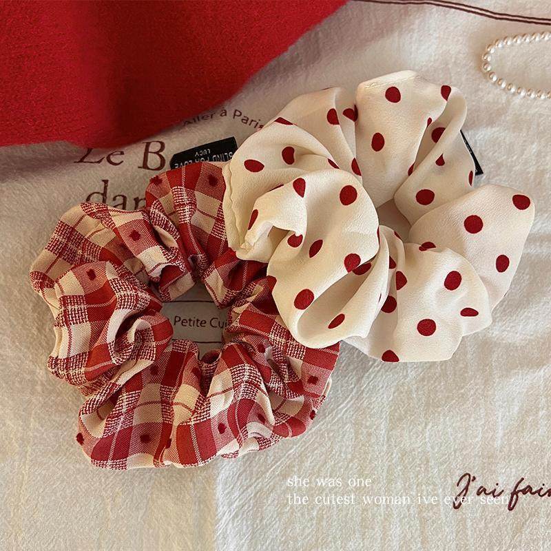 French retro red wave dot large intestine hair ring autumn and winter temperament horsetail ball head fat sausage hair rope head flower head rope