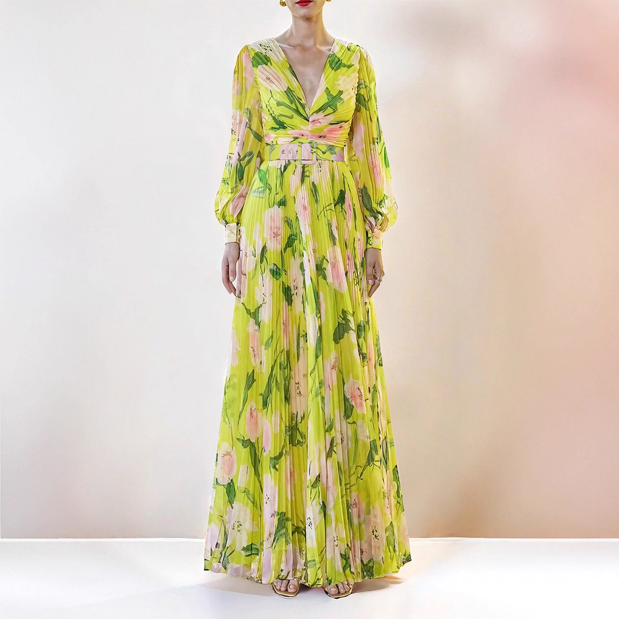 Đầm maxi nữ thắt eo tay dài cổ V hoa nổi 3D — Màu như ảnh