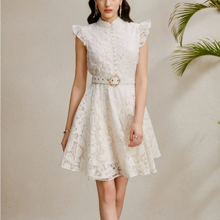 French Court Style Summer Dress Elegant Sheer Fabric Floral Lace Belted Flattering Fit Perfect for Parties and
