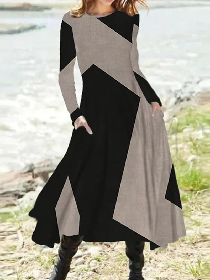 Long Sleeve A Line Dress with Pockets and Geometric Pattern for Fall Winter in Gray Red Blue Khaki
