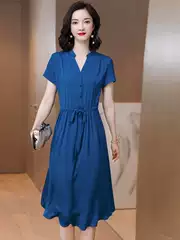 2320 Heavyweight Silk Dress Summer New Style Satin Mulberry Silk Solid Color V-Neck Short-Sleeved Mid-Length Dress