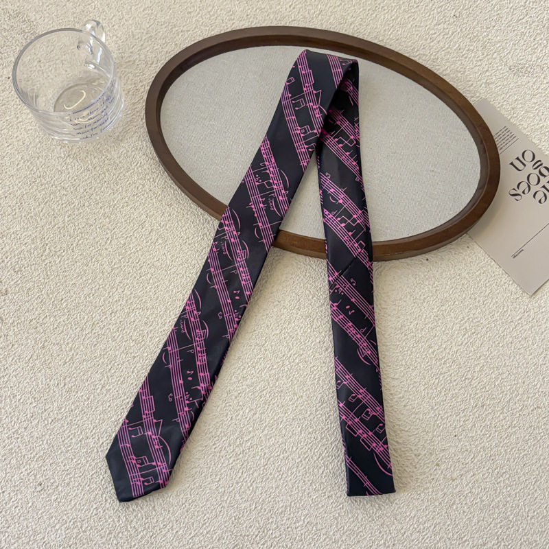 ピンクの楽譜柄黒ネクタイ - 約155cm