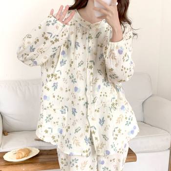 Spring New Crepe Cotton Double-layer Cotton Gauze Lay-up Collar Moon Suit Maternity Breastfeeding Suit