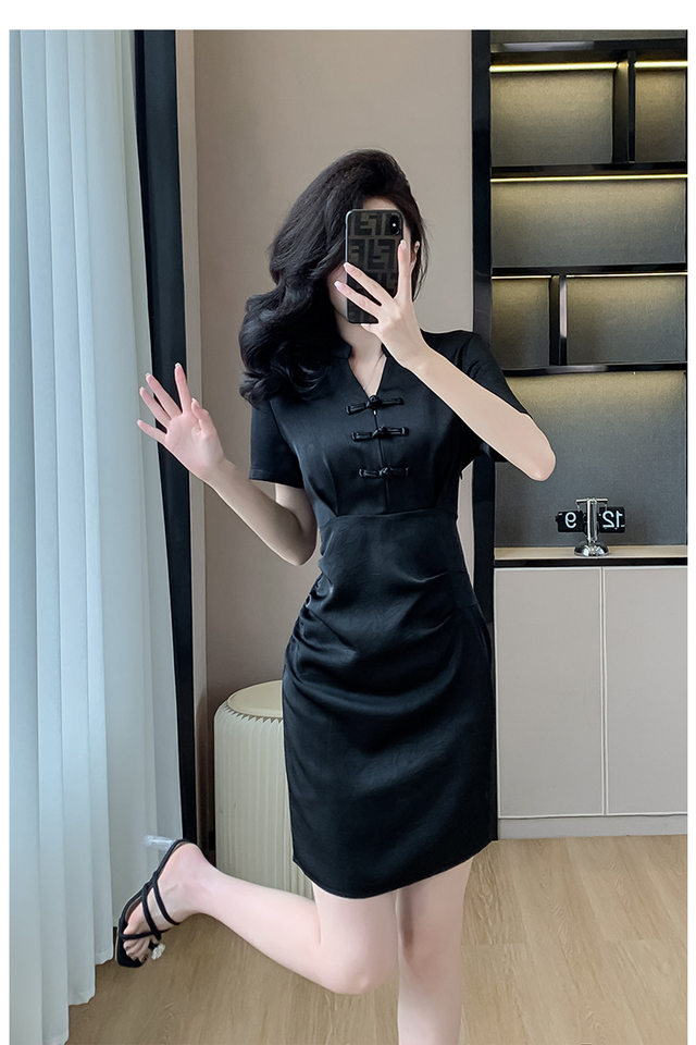 Váy Đầm Nữ Dáng Ôm Chiết Eo Phong Cách Trung Hoa Cổ Điển Màu Đen chi tiết 26