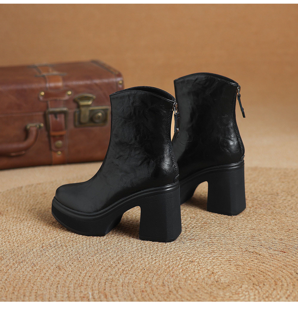 Boot nữ da bò gót thô 9,5cm cổ ngắn khóa kéo sau — Lớp lót đơn màu đen, Lớp lót đơn màu nâu đậm, Lót nhung đen, Lót nhung màu nâu đậm