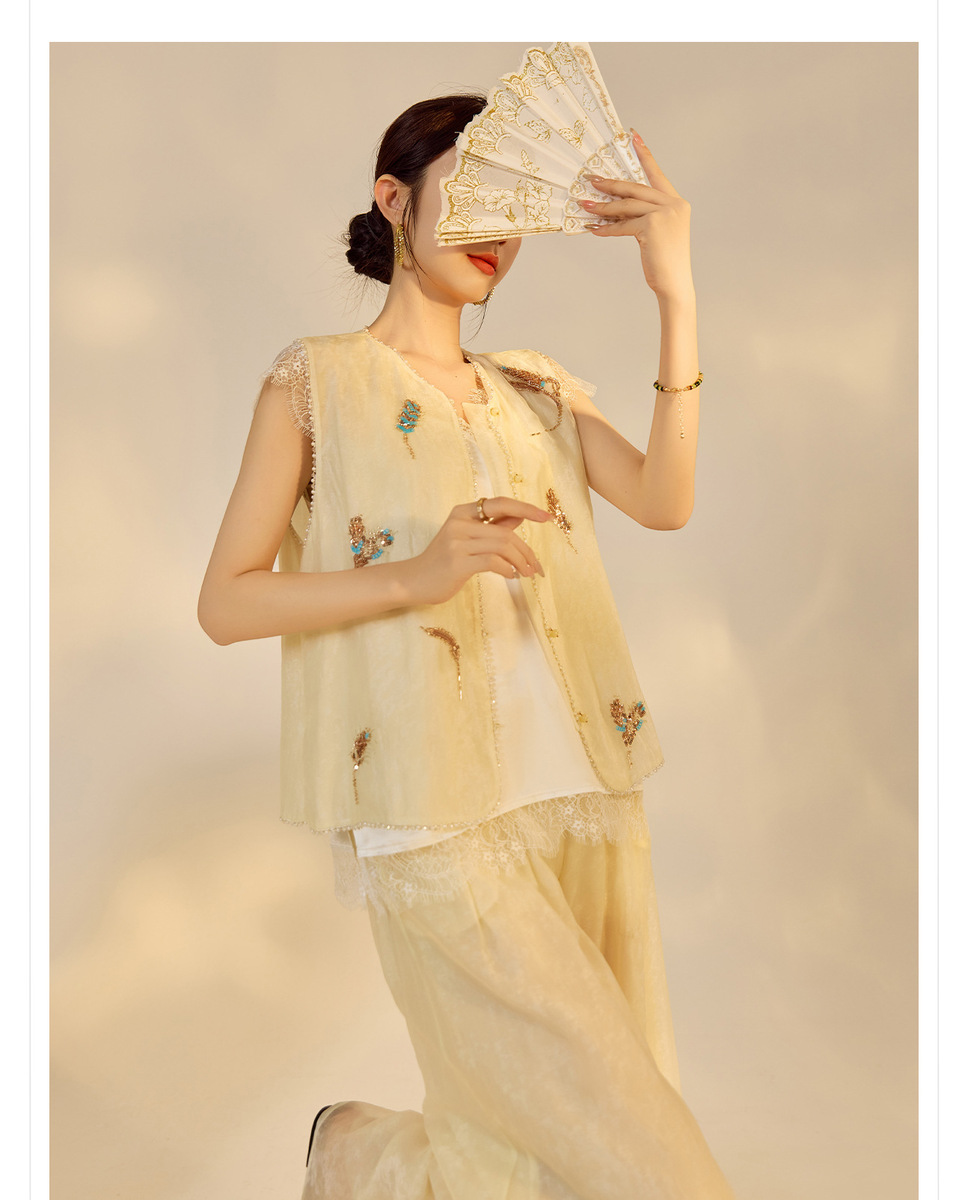 Set gile thêu đính cườm kèm quần dài nữ phong cách thanh lịch — Quần dài màu mơ, Quần dài màu xanh lục, Gi lê màu hồng, Gi lê màu xanh lục