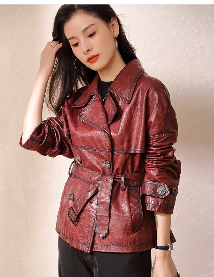 Áo khoác da bò nữ dáng ngắn cổ vest phong cách thanh lịch — Màu đỏ rượu