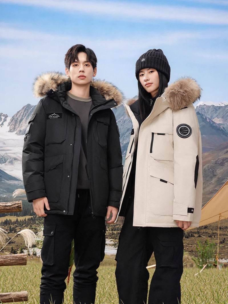 Live Broadcast Standard Velvet New Winter Cold-Proof Thickeneded Workwear down Jacket Women's Men's Large Fur Collar Outdoor Mountaineering Clothing
