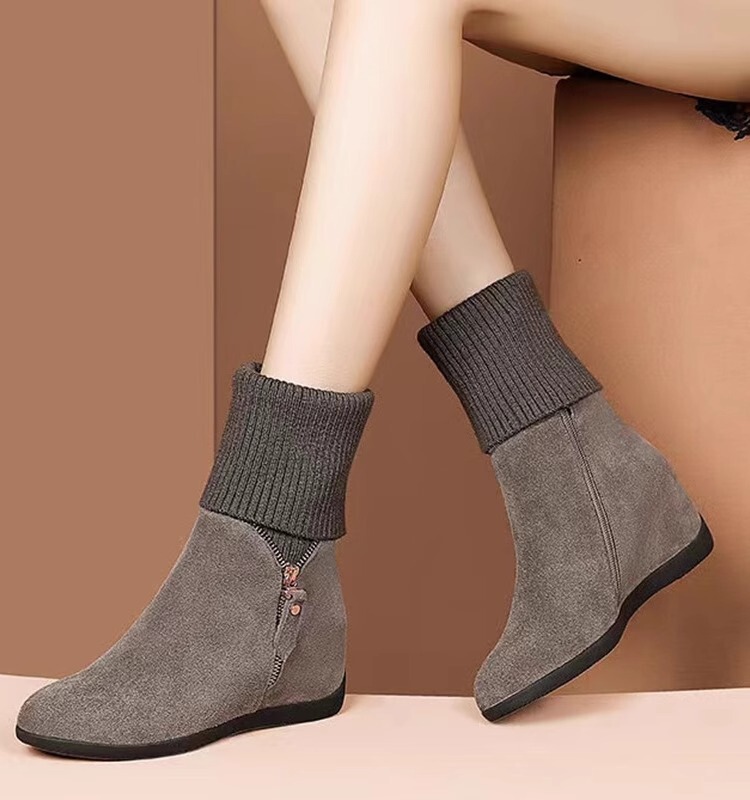Boot nữ cổ trung gót nêm mũi tròn giữ ấm dáng thanh lịch — màu đen, màu xám