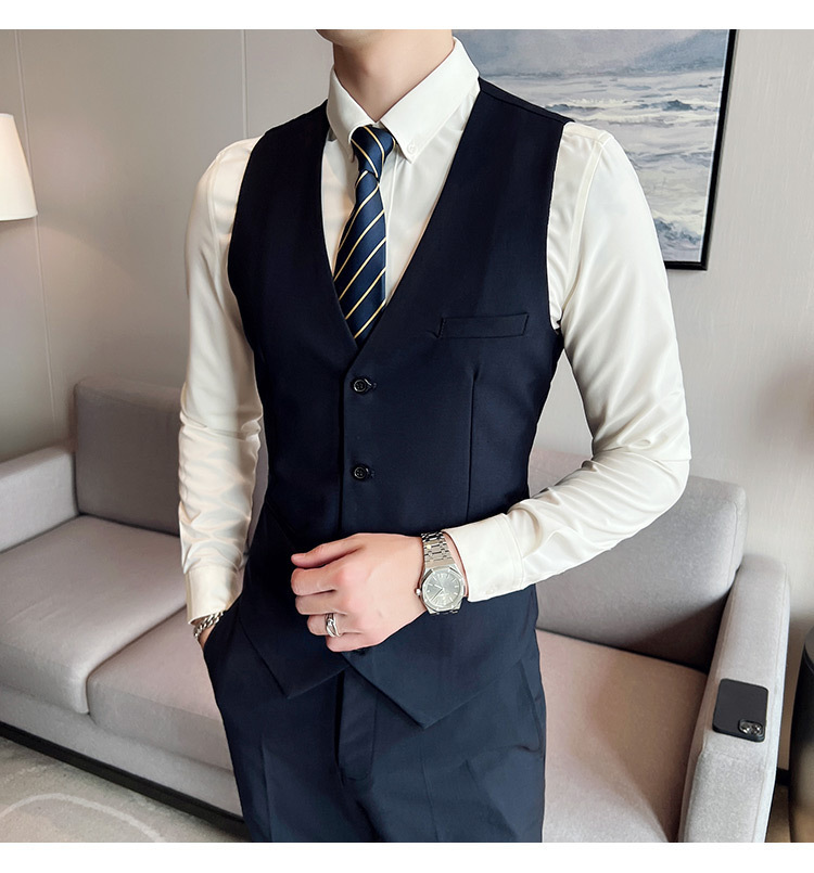 Bộ vest nam ôm dáng ba món phong cách công sở và dự tiệc cưới — Màu xám (áo một nút + áo vest + quần), Màu xanh navy (áo một nút + vest + quần), Màu xám (áo một nút + quần), Màu xám (áo đơn một nút)