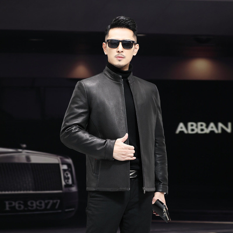 Áo Khoác Da Thật Nam Cổ Lật Lót Lông Vũ Tháo Rời Màu Đen