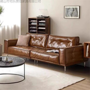 Vintage-Style Oil Wax Retro Genuine Leather Sofa, Top-Grain Cowhide, Small Apartment Designer French Sofa Set