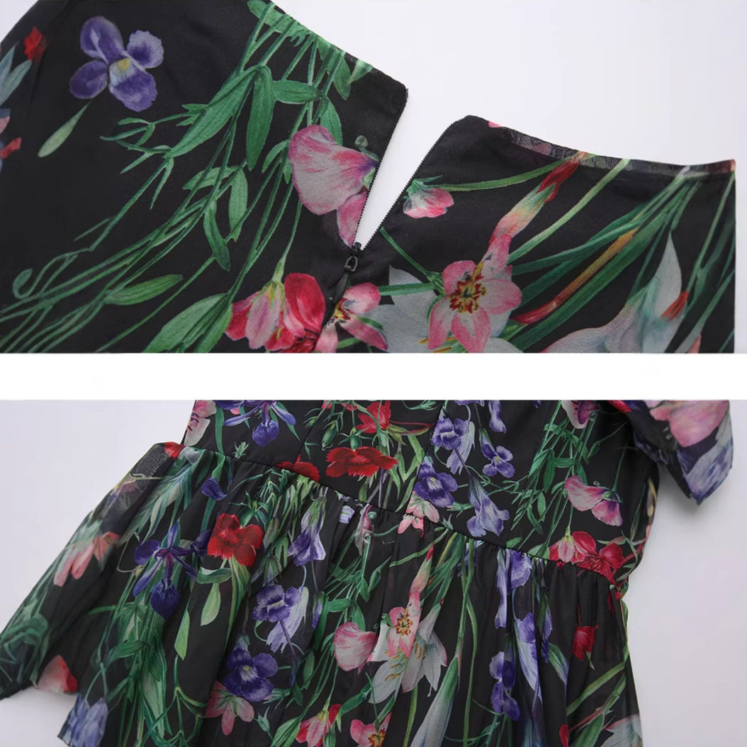 French Vacation Style Sweet Floral Patchwork Lace V Neck Dress Slim Fit Mid Length Spring Autumn Wholesale Available