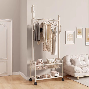 Bedroom Floor Cream Style Wheeled Removable Metal Coat Rack Cloakroom Clothes Household Storage Hanger
