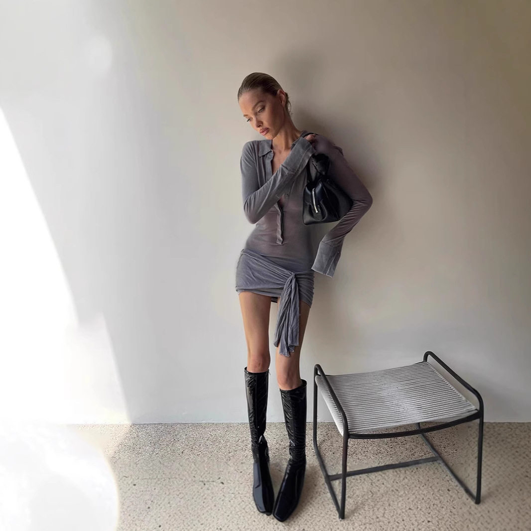 Womens Long Sleeve Polo Dress Slim Fit Button Closure Solid Color Adjustable Tie Winter Fashion Wholesale