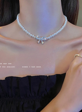 珍珠蝴蝶结项链轻奢小众女2022年新款级设计感气质锁骨链颈链潮