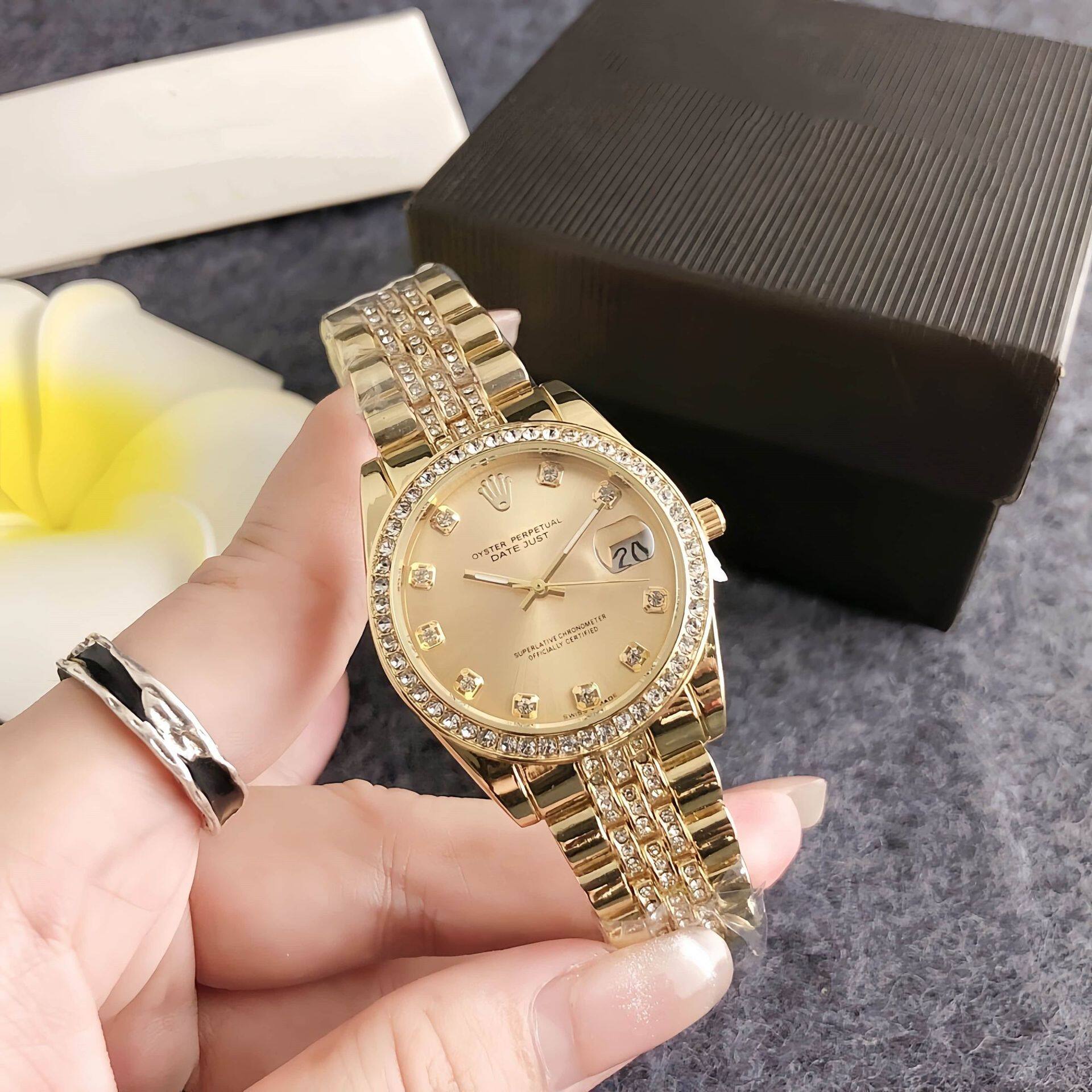 Korean-style business women's trendy fashion neutral watch round diamond large dial women's watch diamond steel band women's watch