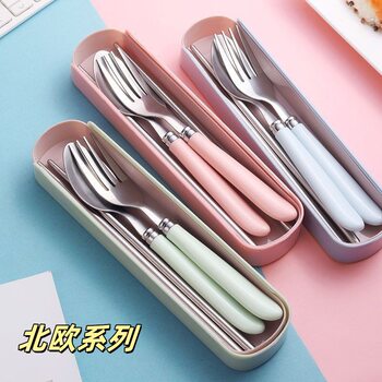 Stainless Steel Portable Tableware Plastic Warped Handle Fork Spoon Chopsticks for Home Students and Children Simple Tableware Three-Piece Set Cross-Border