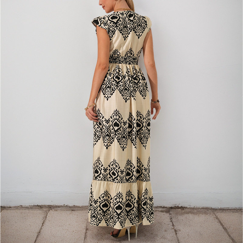 Floral Print Maxi Dress Black and White Ruffled Sleeves Ethnic Vacation Style Wholesale Available
