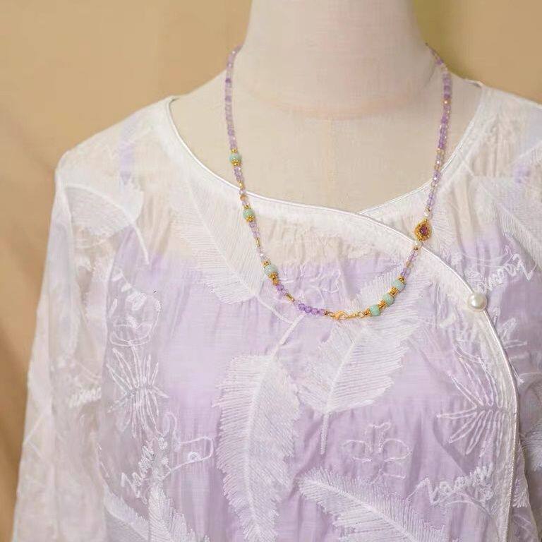 Authentic Natural Amethyst Necklace Women's Double Buckle Universal Necklace Jade Freshwater Pearl Multi-Treasure Sweater Chain New Style