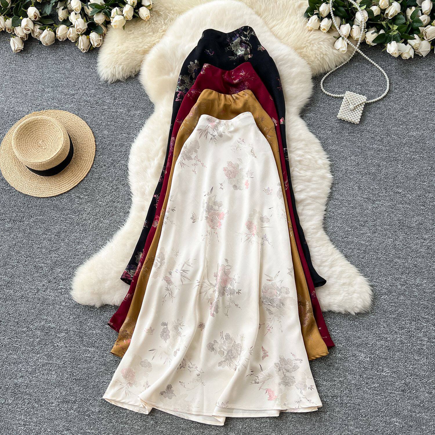 High Waist Mermaid Skirt for Women Satin Fabric Gold Foil Print Elegant Summer Style