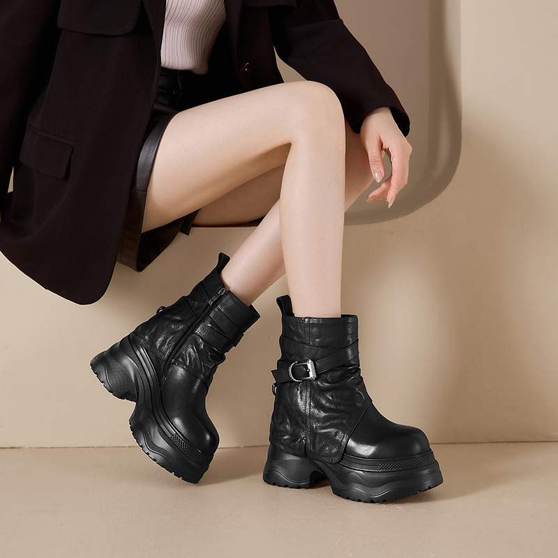 Boot nữ cổ thấp tăng chiều cao 12cm đế dày khóa kéo bên hông — Kaki lót đơn, Lớp lót đơn màu đen, Lớp lót đơn màu nâu, Lót nhung đen