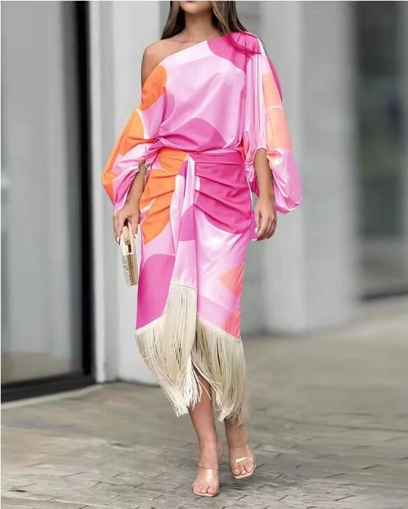Summer Floral Lantern Sleeve Loose Top with Fringe Hem and Skirt Set Trendy Casual Style Wholesale Available
