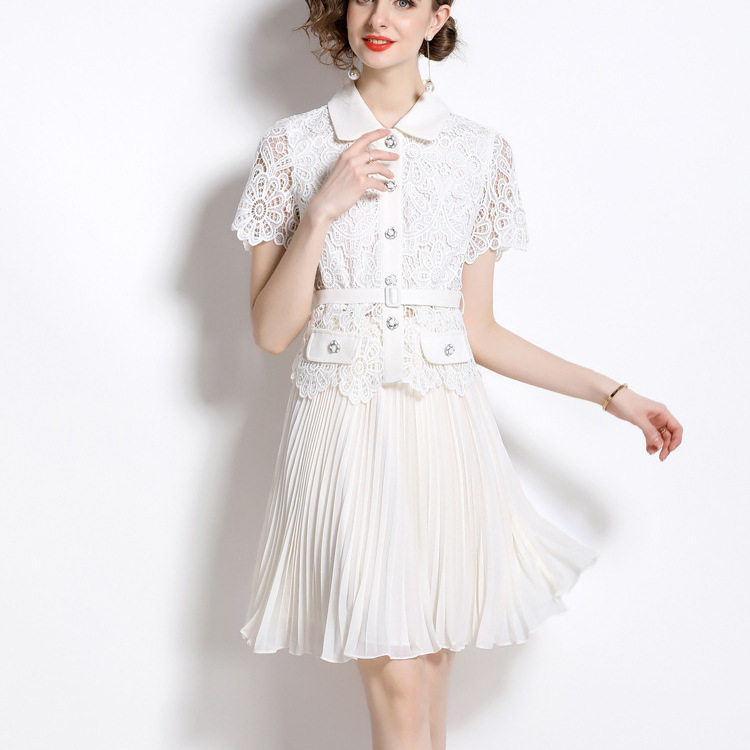 French Style Short Sleeve Lace Top with Button Ruffled Fashion Skirt Set Summer Wear for Women Wholesale Available