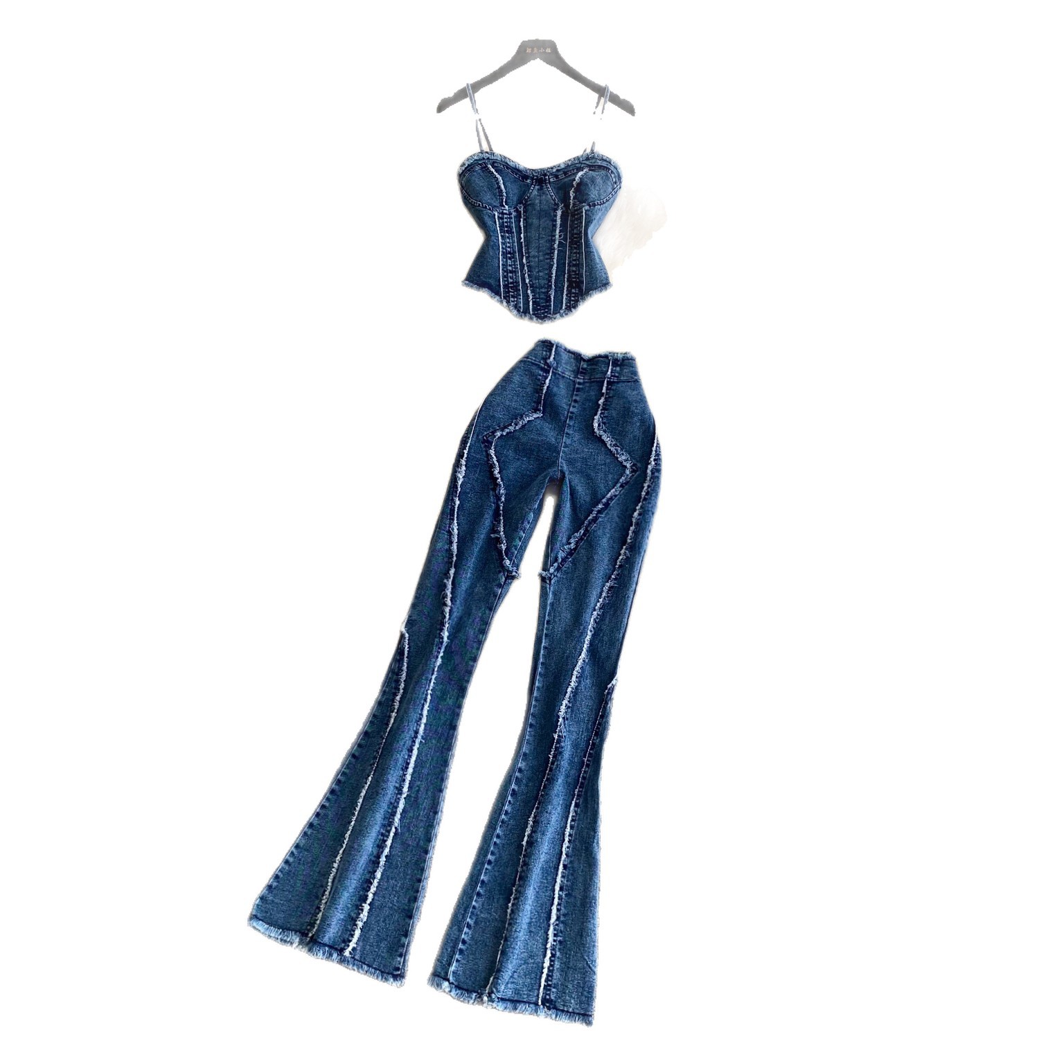 Fashionable Womens Denim Two Piece Set High Waisted Slim Fit Spaghetti Strap Top Trendy Style Perfect for Casual