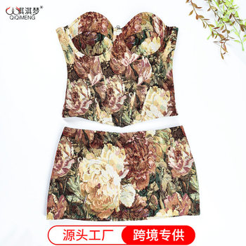 Cross-border Oil Painting Vintage Jacquard Corset Ultra Short Hip Skirt suit Corset Split Two-piece Bone Dress