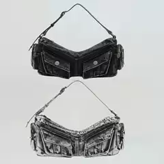 SMFK Hips Denim Shorts Bag Pocket Large Capacity Retro Underarm Shoulder Bag