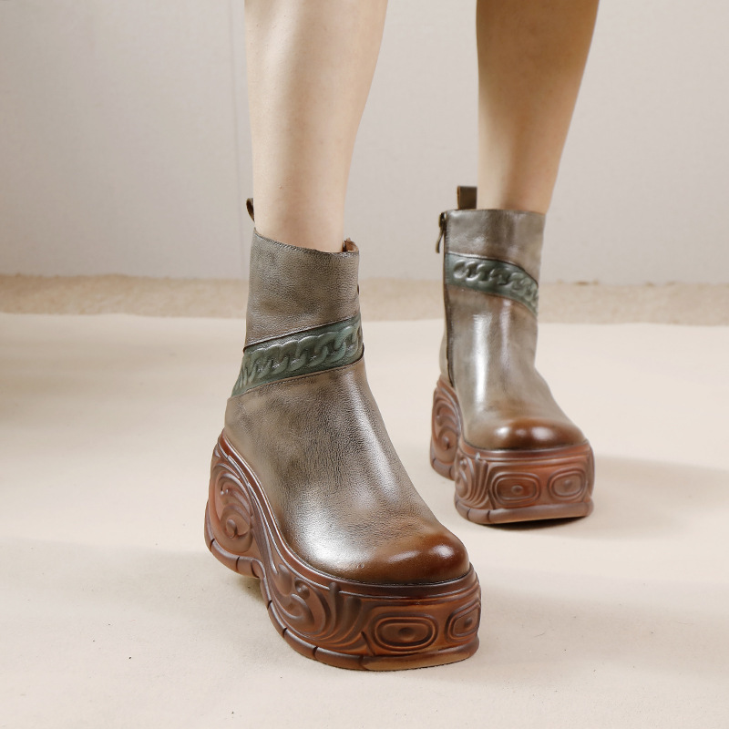 Boot nữ da bò cổ thấp gót cao khóa kéo bên — Màu kaki, Màu xám