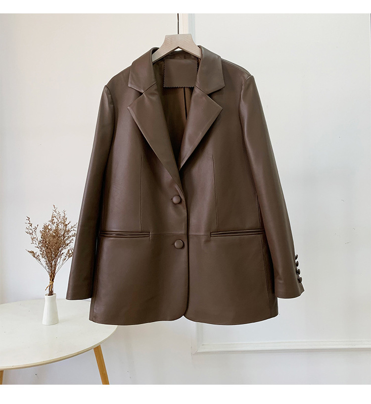 Áo khoác da cừu nữ dáng blazer phối cúc một hàng — Màu cà phê, Màu đen, Màu hồng