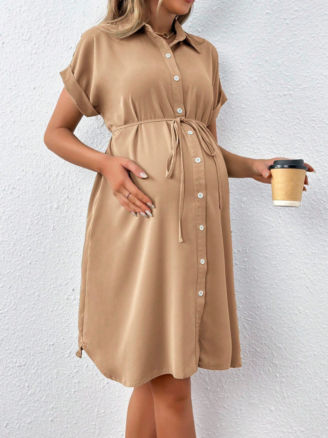European and American New Maternity Wear Summer Short-Sleeved Button Casual Maternity Dress Fashion Belt Shirt Maternity Dress