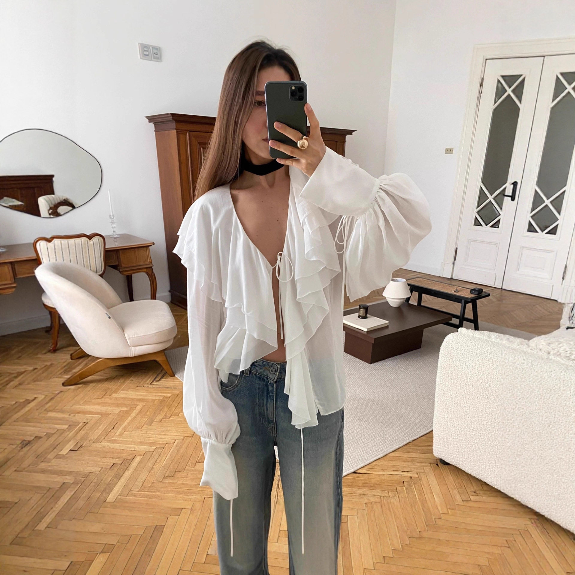 Chiffon Cardigan Top Ruffled Hem Lantern Sleeves Stylish Elegant Autumn Fashion for Women Wholesale Available