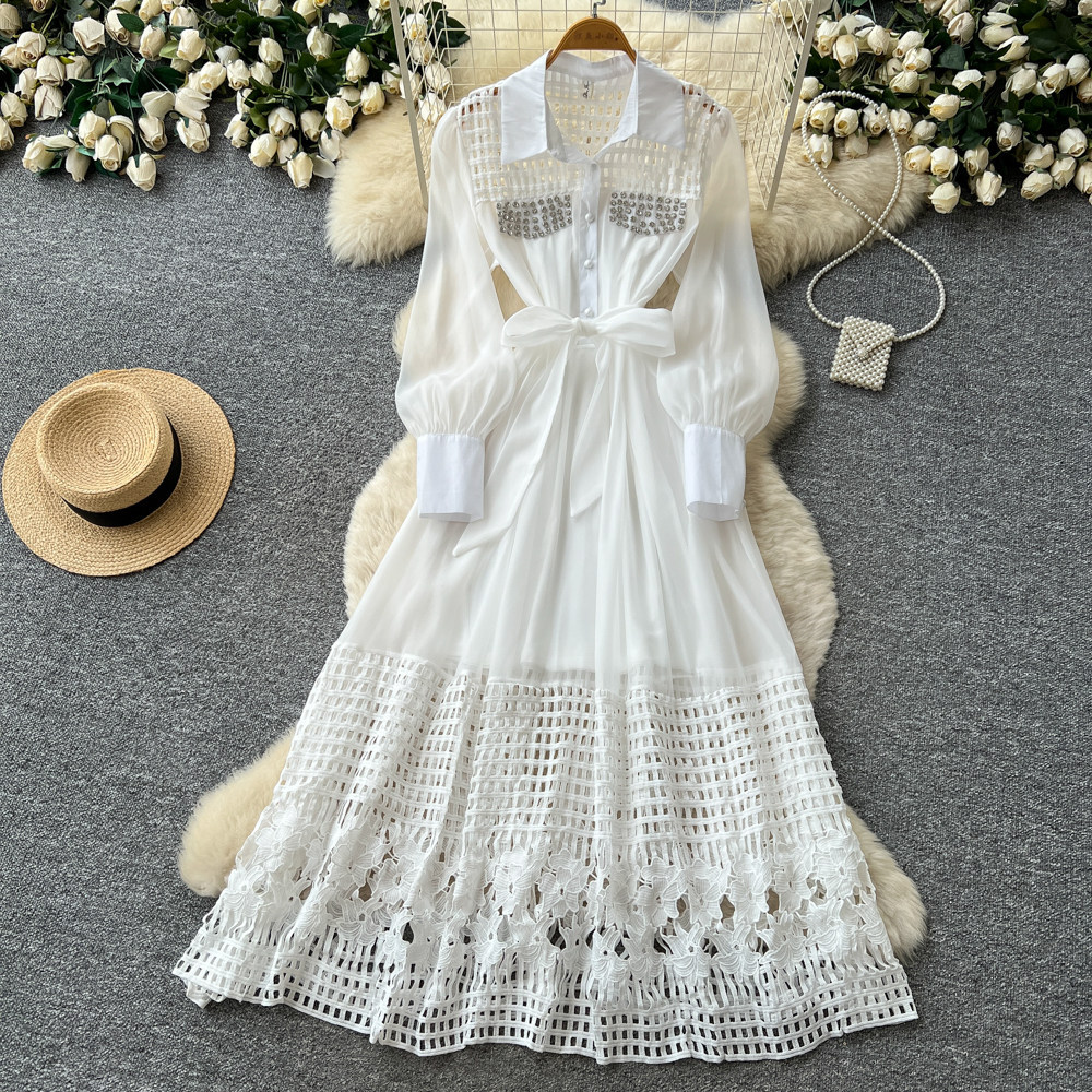French Style Yellow Hollow Out Lace Up Dress Elegant A Line Silhouette Summer Fashion Office Wear Wholesale Available