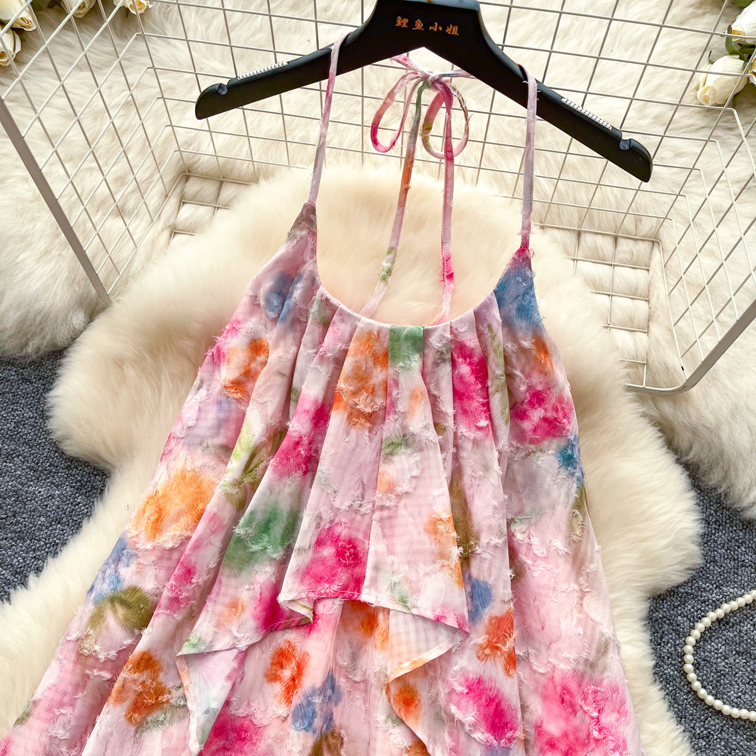Floral Print Halter Dress Summer A Line Silhouette Sweet Pink Color Soft Hem Perfect for Vacation or Casual Outings