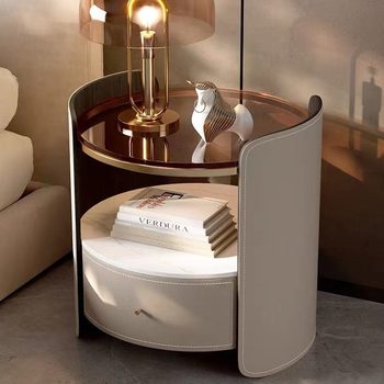Italian Saddle Leather Round Bedside Table Modern Small Apartment High-end Solid Wood Bucket Cabinet Bedroom Bedside Cabinet Storage Cabinet