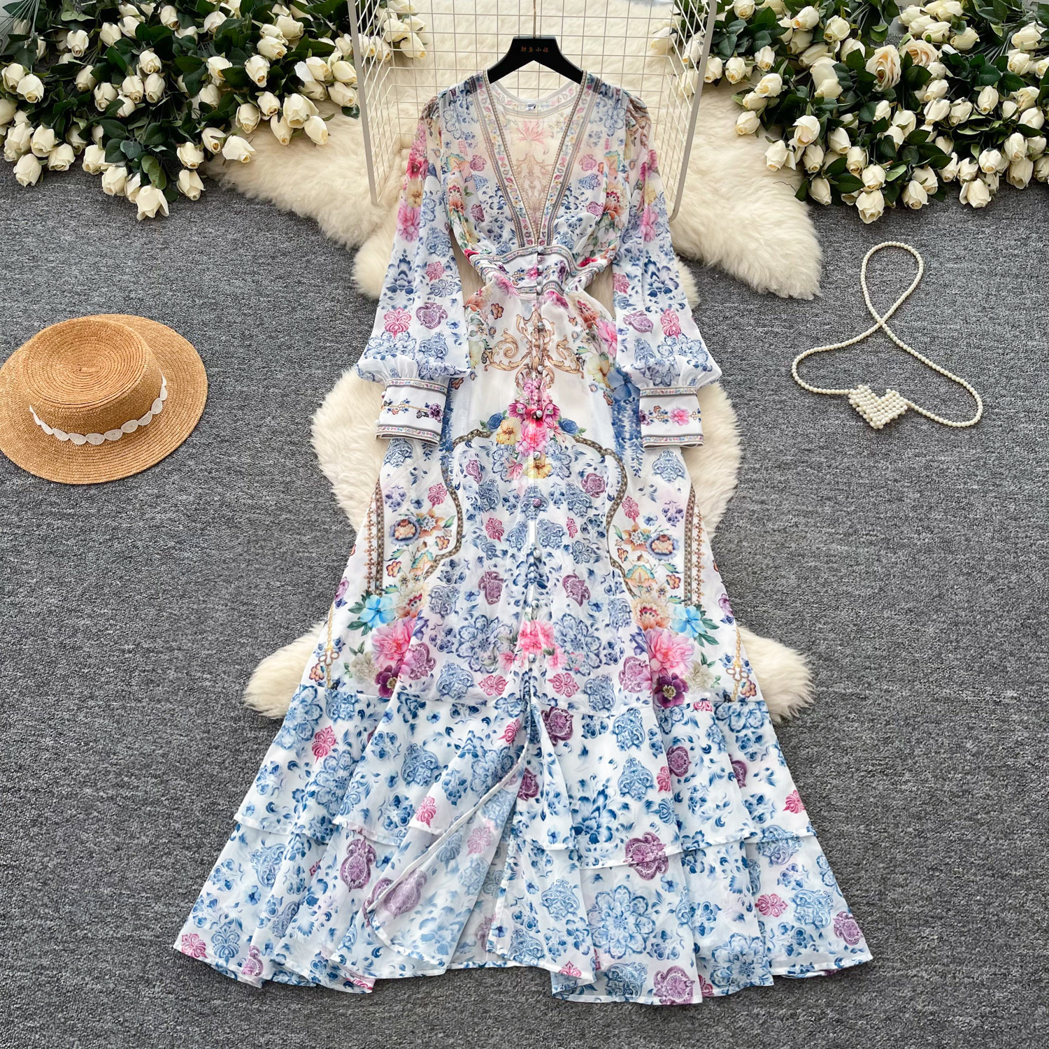 Floral Print Long Sleeve A Line Dress French Vacation Style Bell Sleeves Waist Tie Elegant Design Perfect for