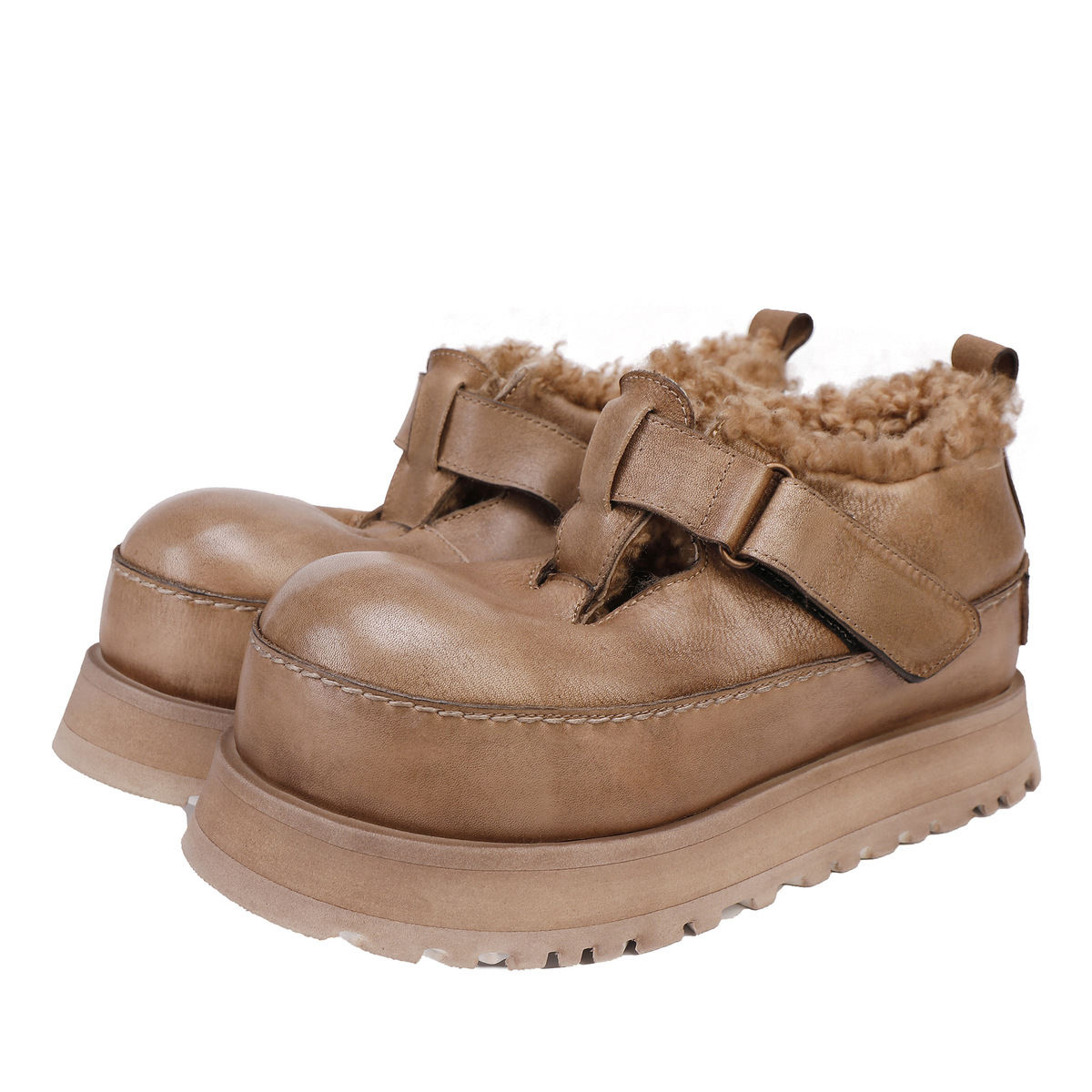 Giày boot nữ cổ cao da bò lộn thật lót lông cừu đế dày giữ ấm mùa đông — màu kaki, nâu sẫm