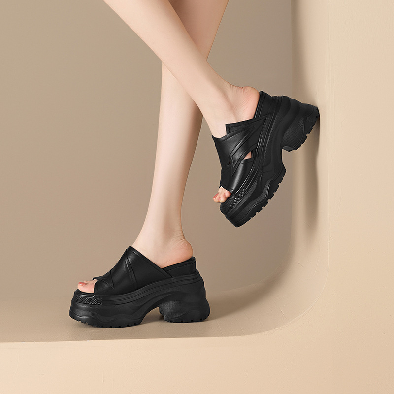 Dép sandal nữ quai ngang đế dày tăng chiều cao 12cm, mũi hở, da bò thật — màu đen, Màu trắng ngà-