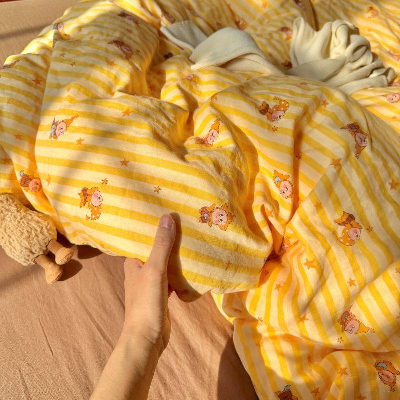 Class a Maternal and Infant-Grade Pure Cotton Double-Layer Gauze Four-Piece Set, Pure Cotton Gauze Dormitory Three-Piece Set, Skin-Friendly, Breathable, Cartoon Print