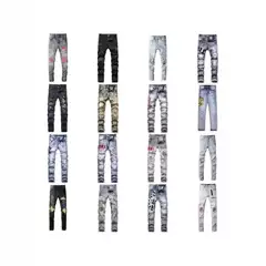 High-end AM Foreign Trade Style Punk Retro Blue Ripped Slim-fit Stretch Printed and Dyed Skinny Men's Jeans