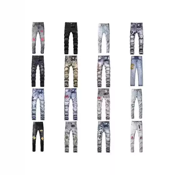 High-end AM Foreign Trade Style Punk Retro Blue Ripped Slim-fit Stretch Printed and Dyed Skinny Men's Jeans