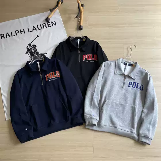 Cross-Border Supply Ralph Lauren Pony Chest Letter Logo Towel Embroidery Half-Zip Pullover Sweatshirt with Turn-Down Collar for Couples